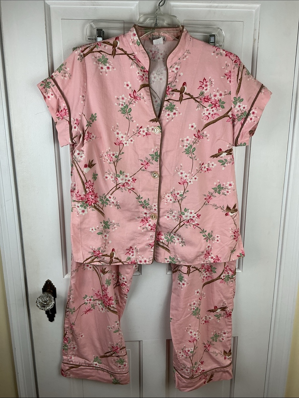 Bed Head Pink Cherry Blossom Birds Asian Short Sleeve Top & Bottoms Pajama Set